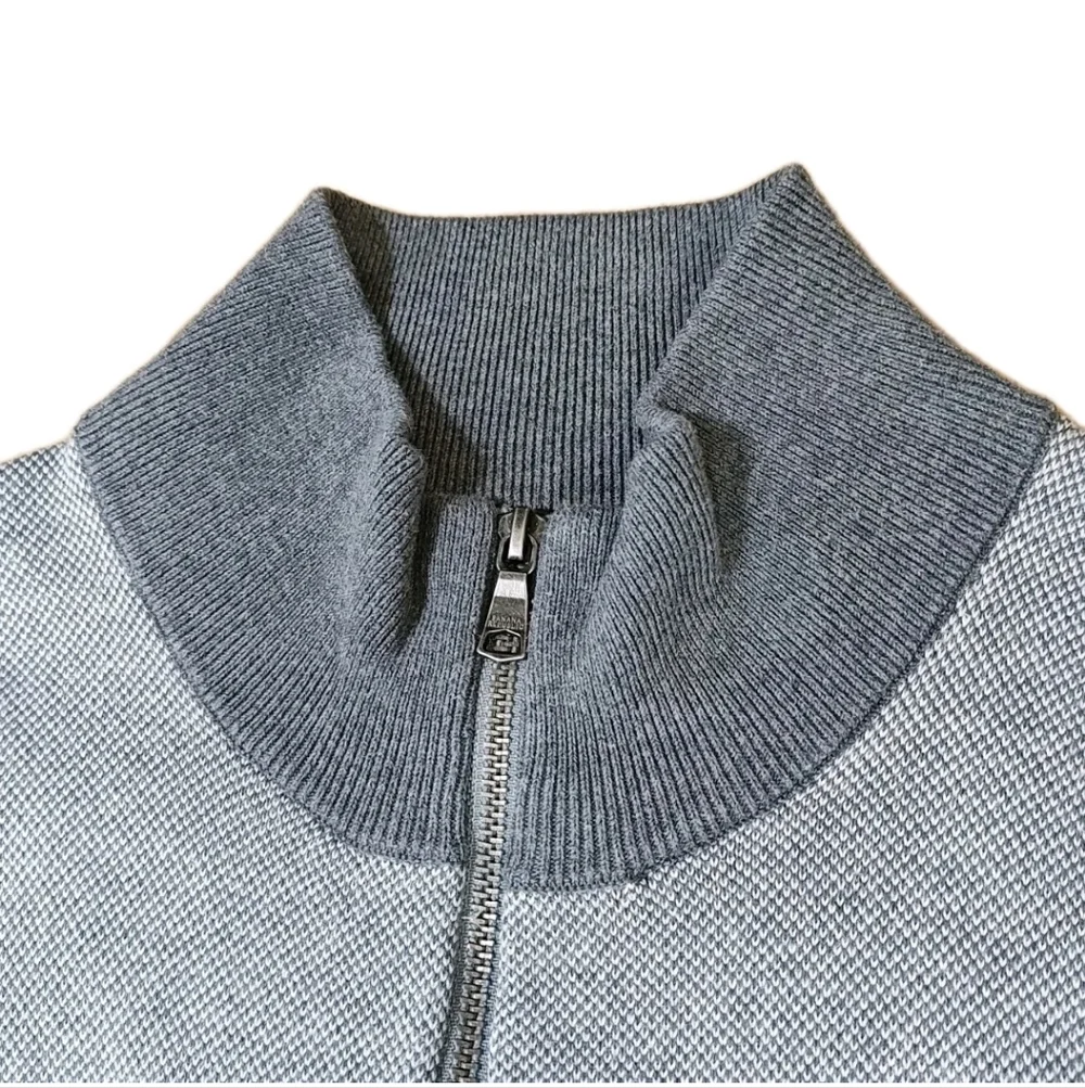 Banana Republic Cardigan Sweater XL Two Tone Gray Bird's Eye Knit Mock Neck Zip